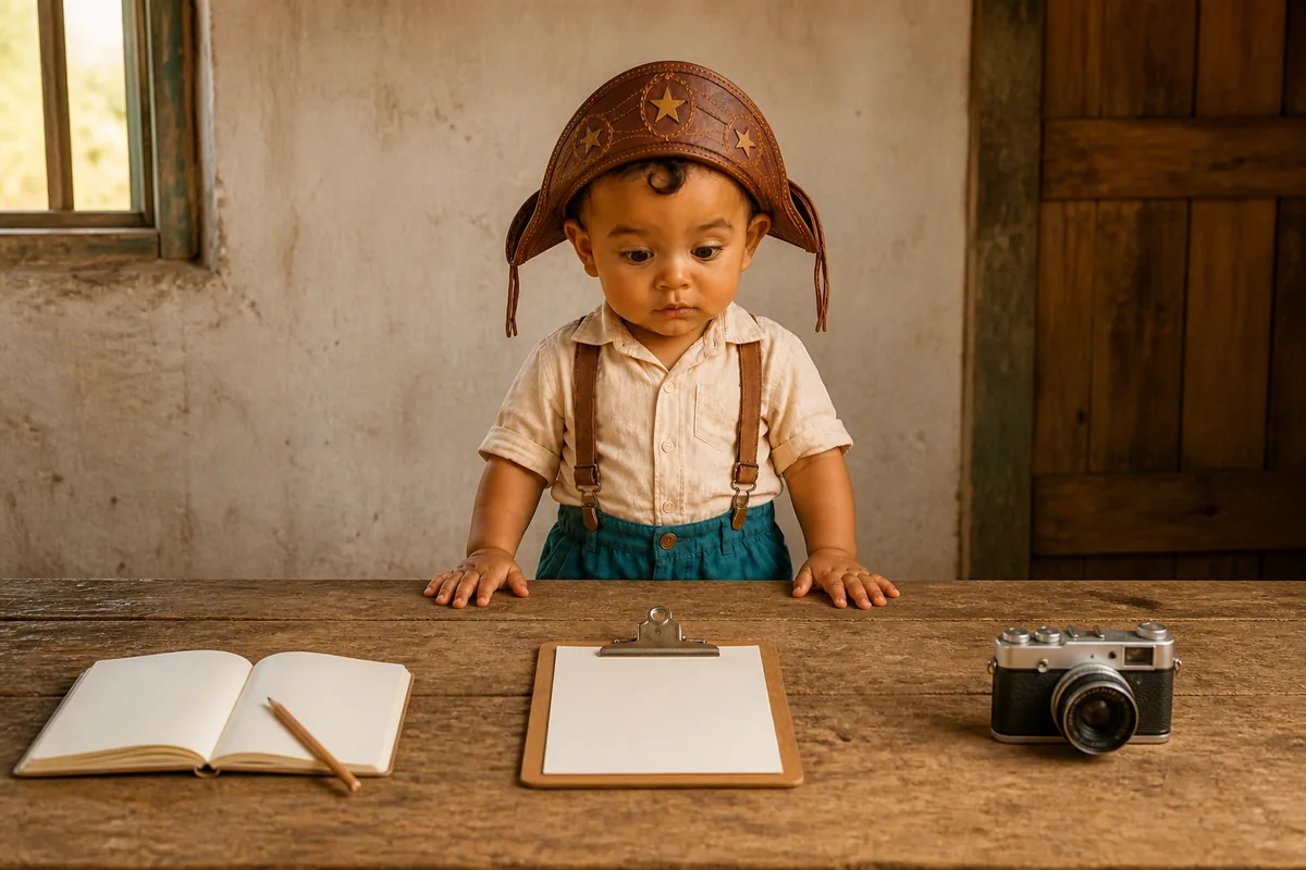 O personagem atr&aacute;s de uma mesa com caderno, prancheta e c&acirc;mera