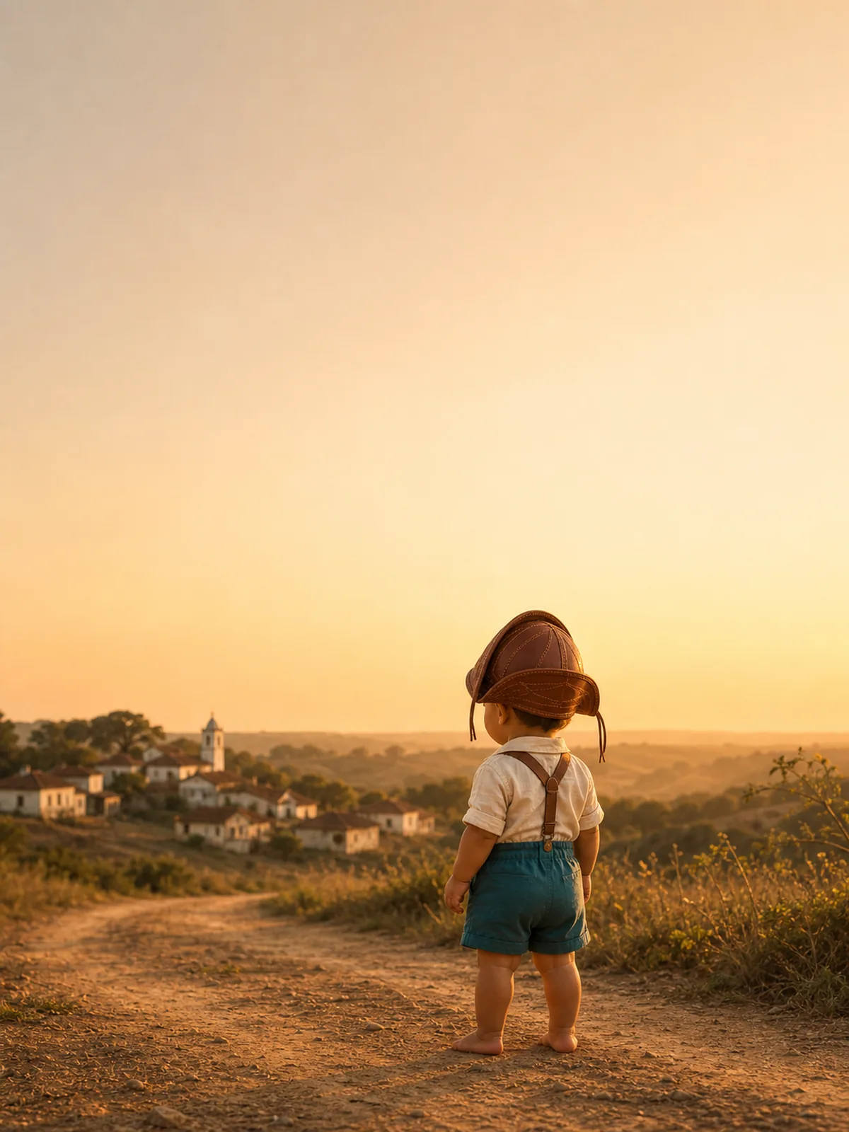 O personagem de costas, olhando a vila ao p&ocirc;r do sol